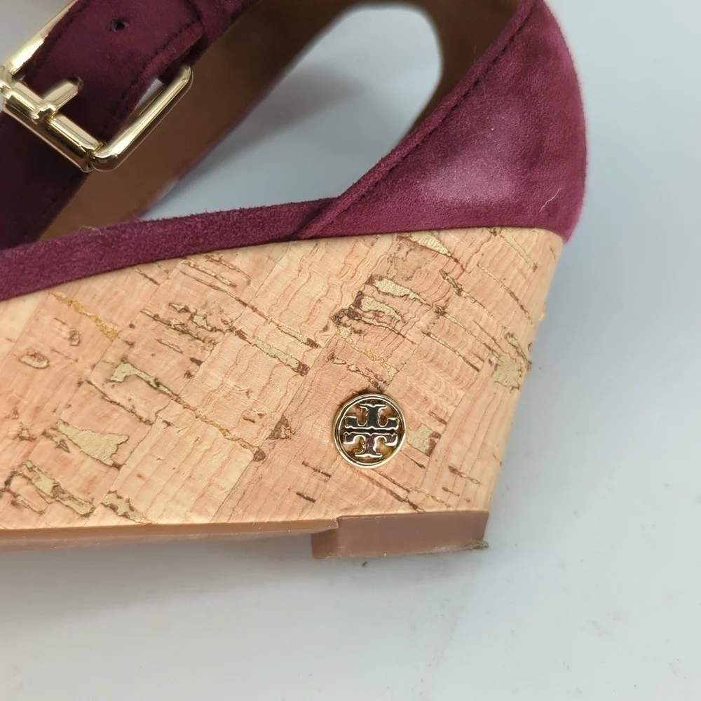 Tory Burch Savannah Suede Cork Wedge Purple 8.5 open toe summer preppy casual